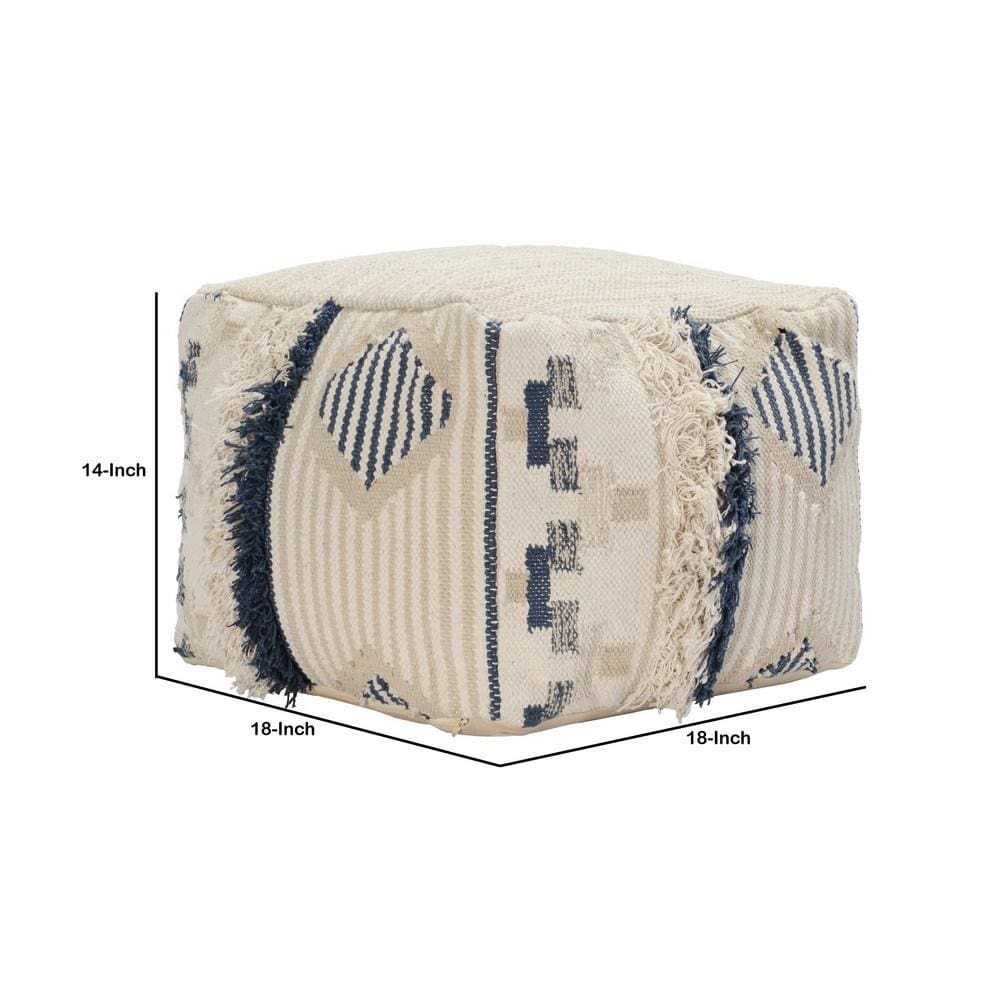 18 x 14 Woven Fabric Pouf Ottoman with Fringes Cream & Blue By Casagear Home BM228877