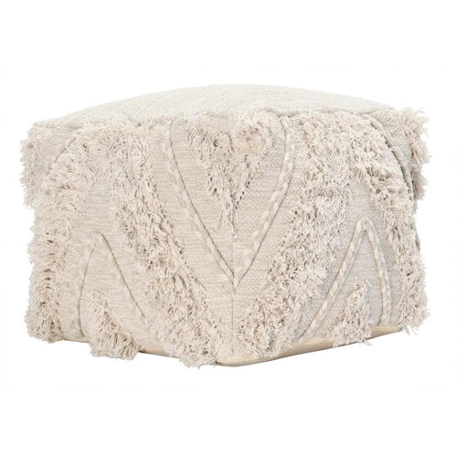 Pouf Ottoman | Woven Fabric | Fringe Details | Cream