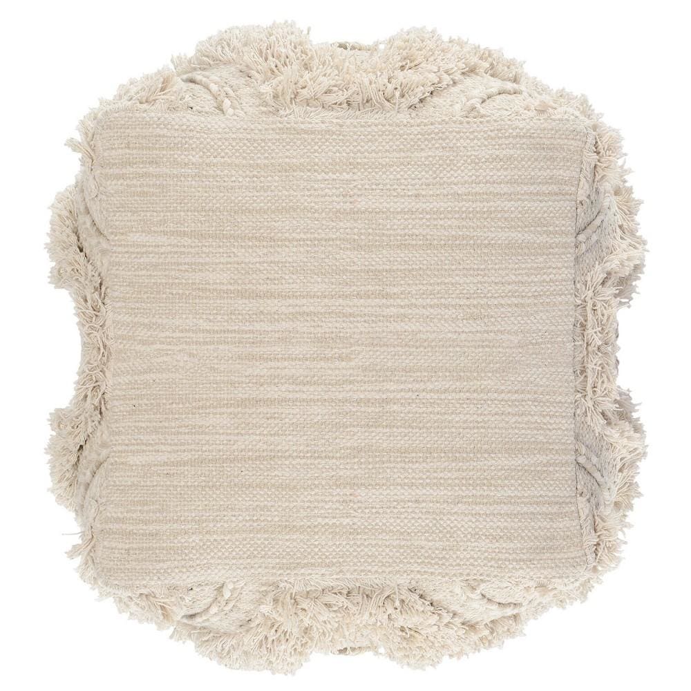 18 x 14 Woven Design Fabric Pouf Ottoman with Fringes,Cream By Casagear Home BM228878