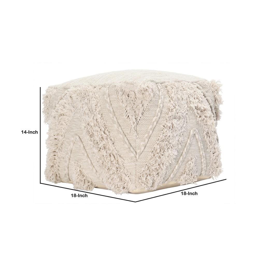 18 x 14 Woven Design Fabric Pouf Ottoman with Fringes,Cream By Casagear Home BM228878