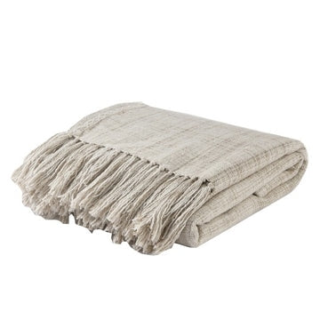 Fabric Throw Blanket with Woven Ends and Fringes, Off White By Casagear Home