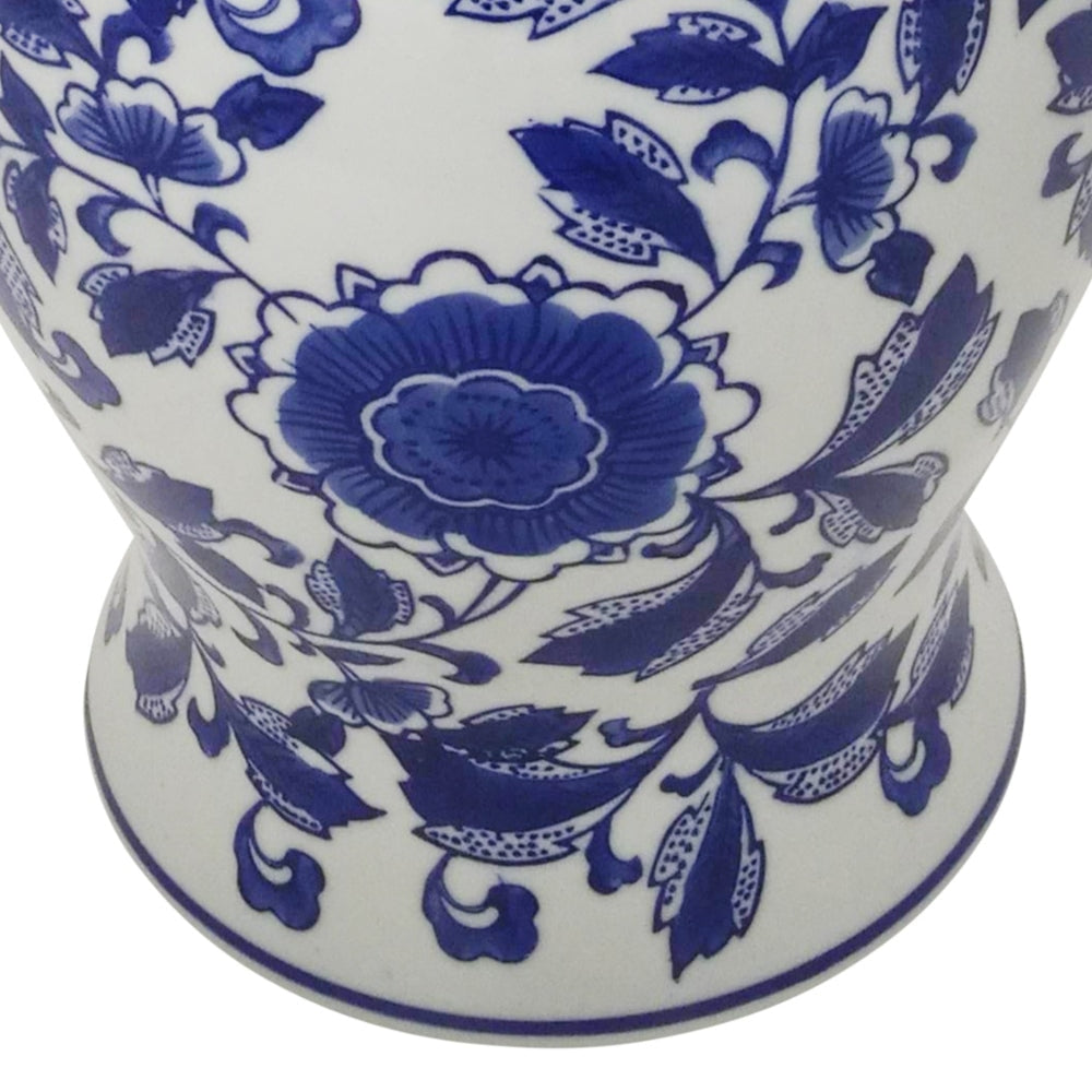 Ceramic Temple Jar with Rose Print Blue and White By Casagear Home BM229004