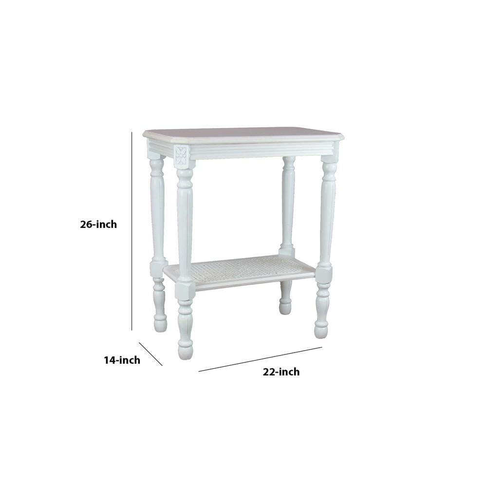 26 Inch Engraved Wooden Side Table with Bottom Shelf White By Casagear Home BM229402