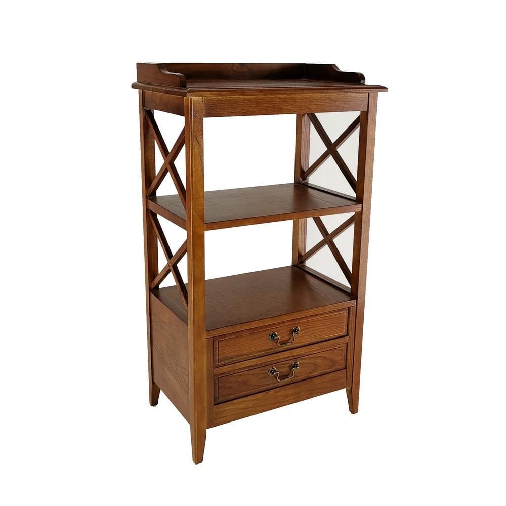 X Frame Wooden Rack with 2 Drawers and Open Shelf, Brown By Casagear Home