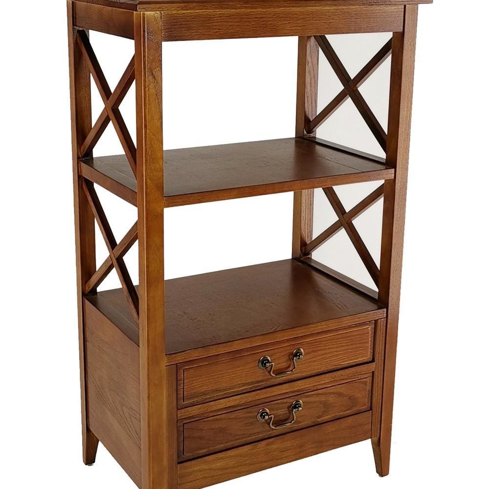 X Frame Wooden Rack with 2 Drawers and Open Shelf Brown By Casagear Home BM229418