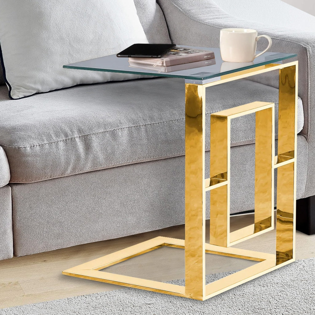 22" Metal Box Frame Glass Top Side Table, Gold By Casagear Home