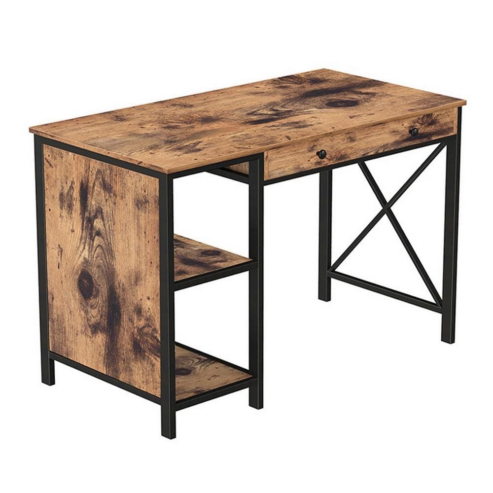 45 Inch Wood Computer Desk, 2 Shelves, 1 Drawer, Rustic Brown and Black by Casagear Home
