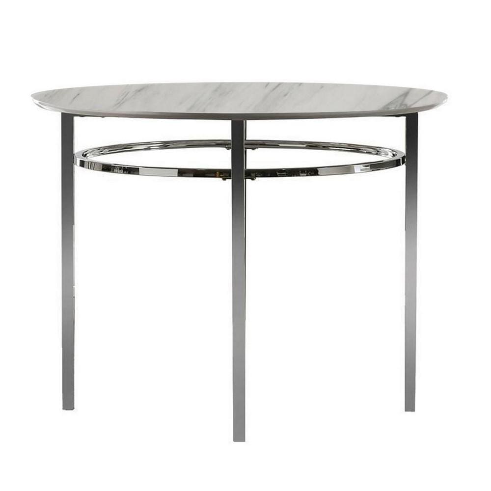 Contemporary Round Dining Table with Faux Marble Top, White and Chrome By Casagear Home