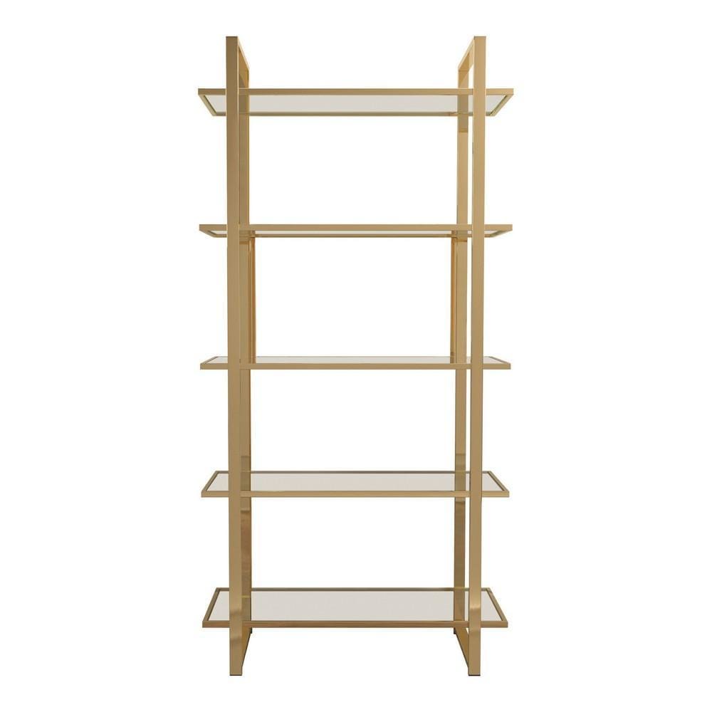5 Tier Glass Shelf 79" Metal Frame Bookcase,Gold and Clear By Casagear Home