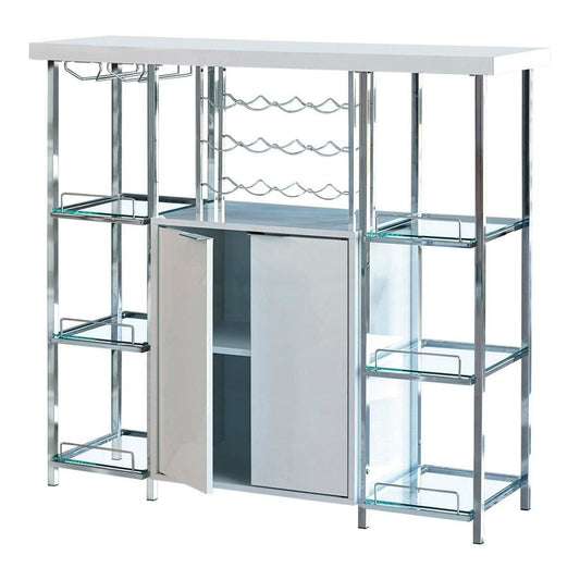 Nova Bar Cabinet | 6 Glass Shelves | Power Outlet | Chrome & Clear