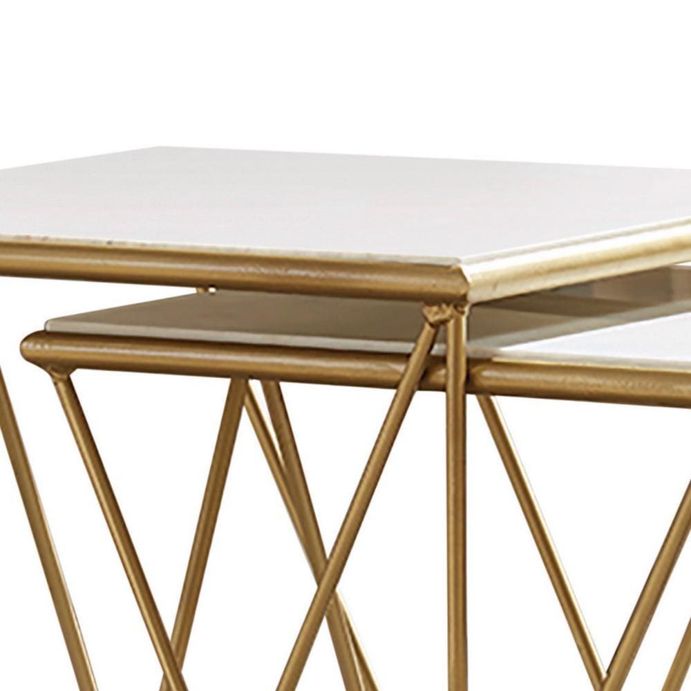 2 Piece Marble Top Nesting Table with Geometric Base White and Gold By Casagear Home BM230482