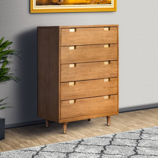 48 inch 5 Drawer Wooden Chest with Cutout Pulls, Brown by Casagear Home