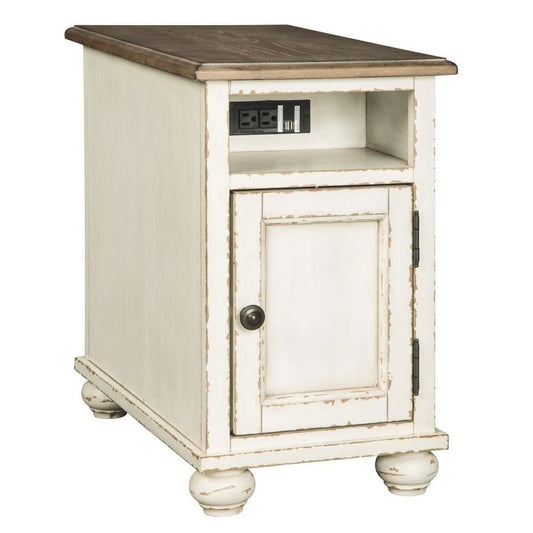 Wooden Chairside End Table with Door, Brown & Antique White By Casagear Home