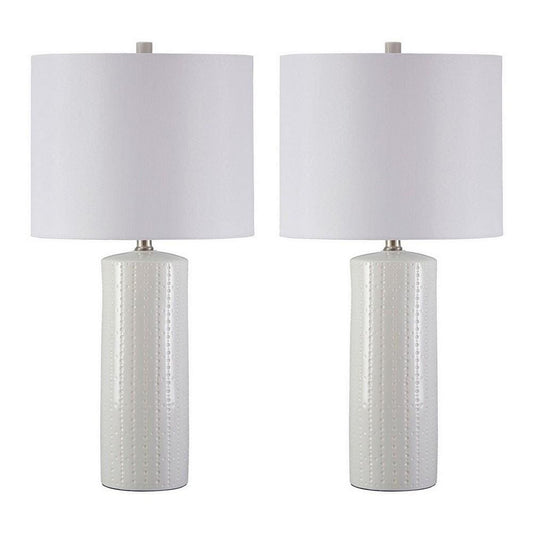 Nora Table Lamp Set | Carved Ceramic Base | Drum Shade | White
