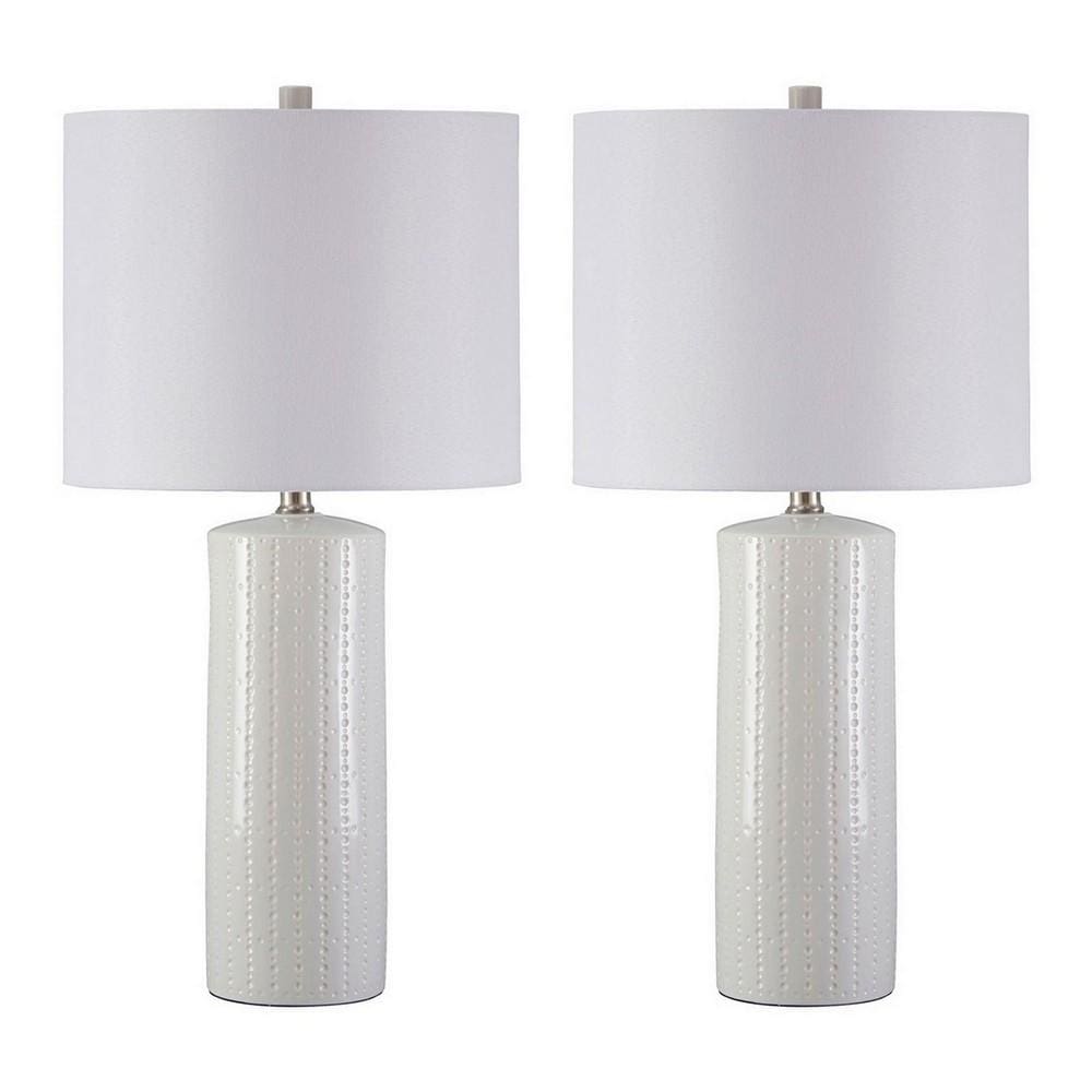 Carved Base Table Lamp with Drum Shade, Set of 2, White By Casagear Home