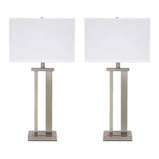Metal Frame Hardback Table Lamp, Set of 2, White & Silver By Casagear Home