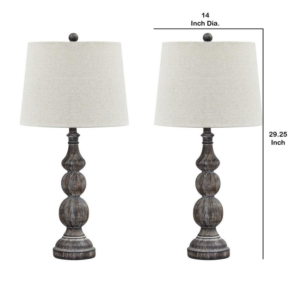 Polyresin Turned Base Table Lamp Set of 2 Brown & Off White By Casagear Home BM230958