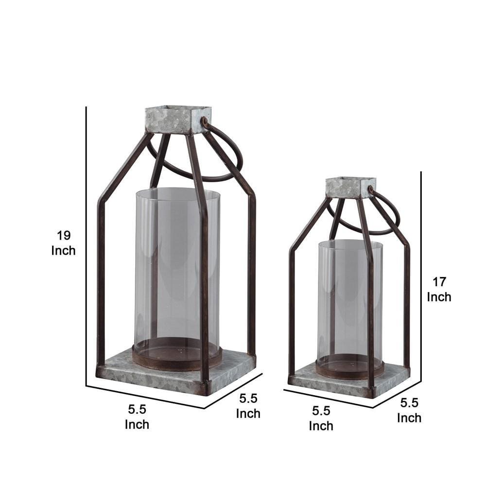 Geometric Lantern with Glass Hurricane,Set of 2,Black & Gray By Casagear Home BM230988