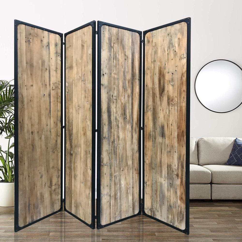 84" 4 Panel Metal Frame Room Divider, Black and Brown By Casagear Home
