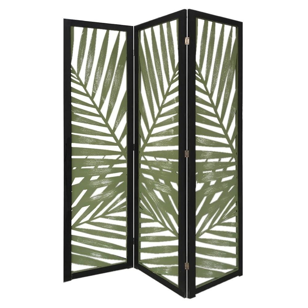 67" 3 Panel Wood Screen with Leaf Design, Green and Black By Casagear Home