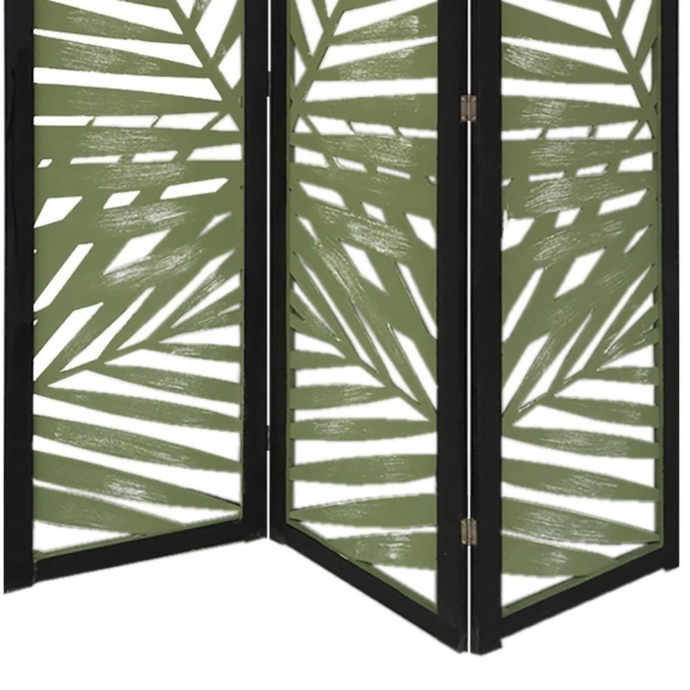 67 3 Panel Wood Screen with Leaf Design Green and Black By Casagear Home BM231308