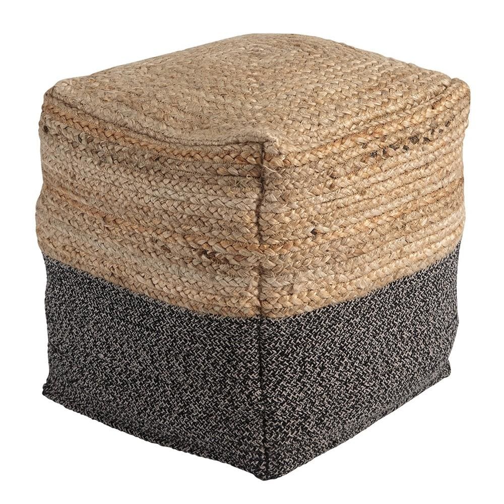 18" Cube Jute Pouf with Braided Design, Black and Brown By Casagear Home