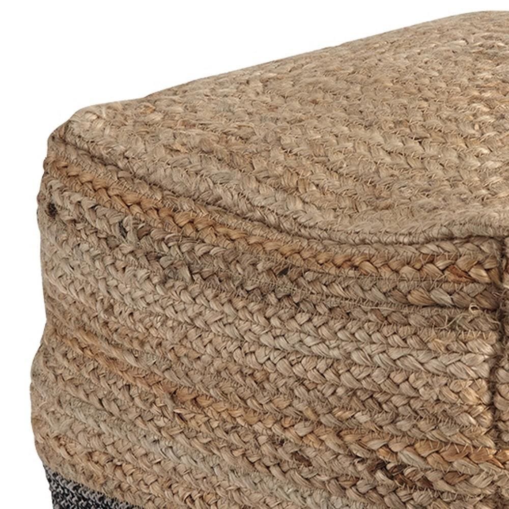 18 Cube Jute Pouf with Braided Design Black and Brown By Casagear Home BM231408