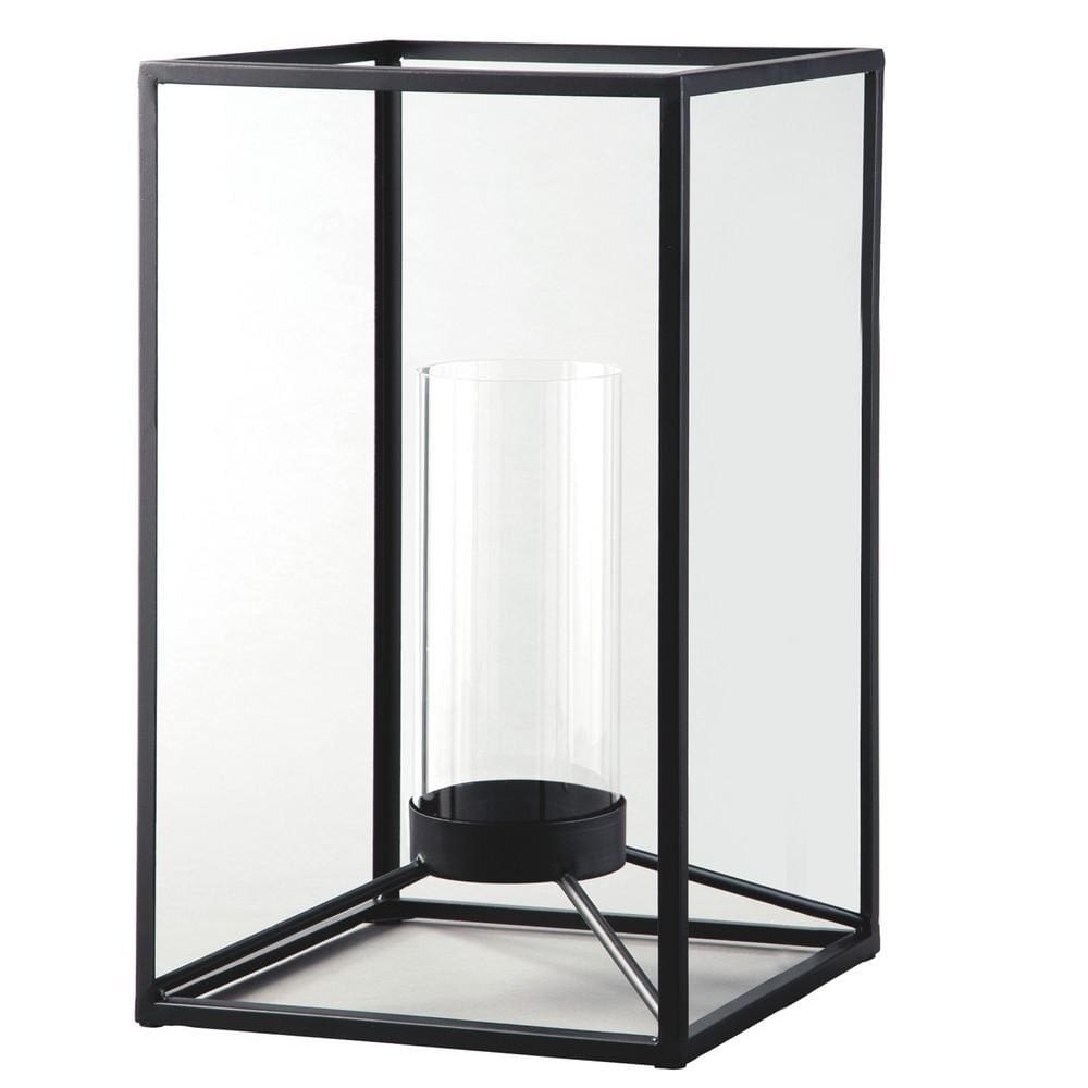 Metal Frame Lantern with Glass Hurricane Set of 2 Black By Casagear Home BM231424