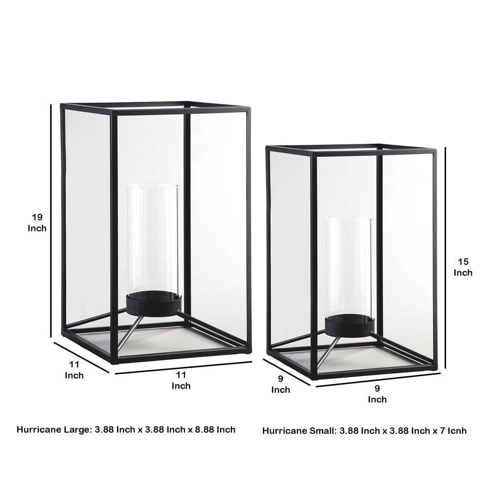 Metal Frame Lantern with Glass Hurricane Set of 2 Black By Casagear Home BM231424