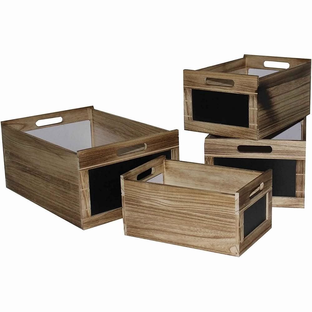 Chalkboard Inserted Wooden Storage Box with Cutout Handles, Set of 4,Brown By Casagear Home