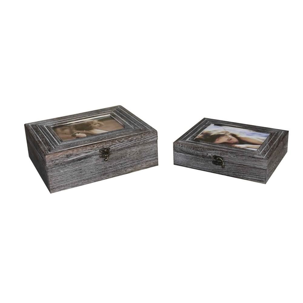 Molded Wooden Storage Box with Photo Frame Lid, Set of 2, Gray By Casagear Home