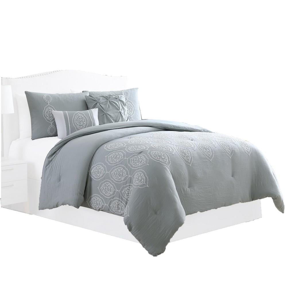 Ohio 5 Piece Queen Comforter Set with Scrolled Motifs, Gray and White by Casagear Home