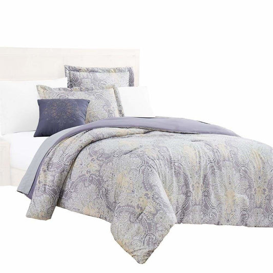 Chania 8 Piece Queen Bed Set with Paisley Print , Purple and White By Casagear Home