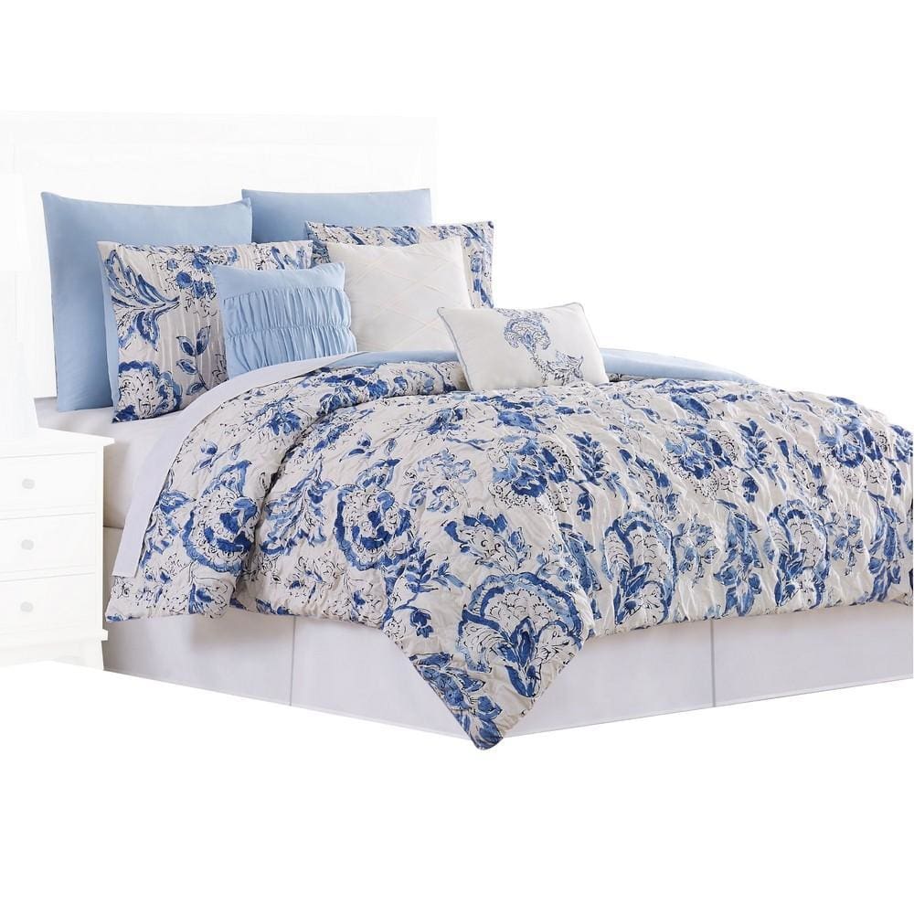 Corfu Floral Print 8 Piece Queen Comforter Set The Urban Port, White and Blue By Casagear Home