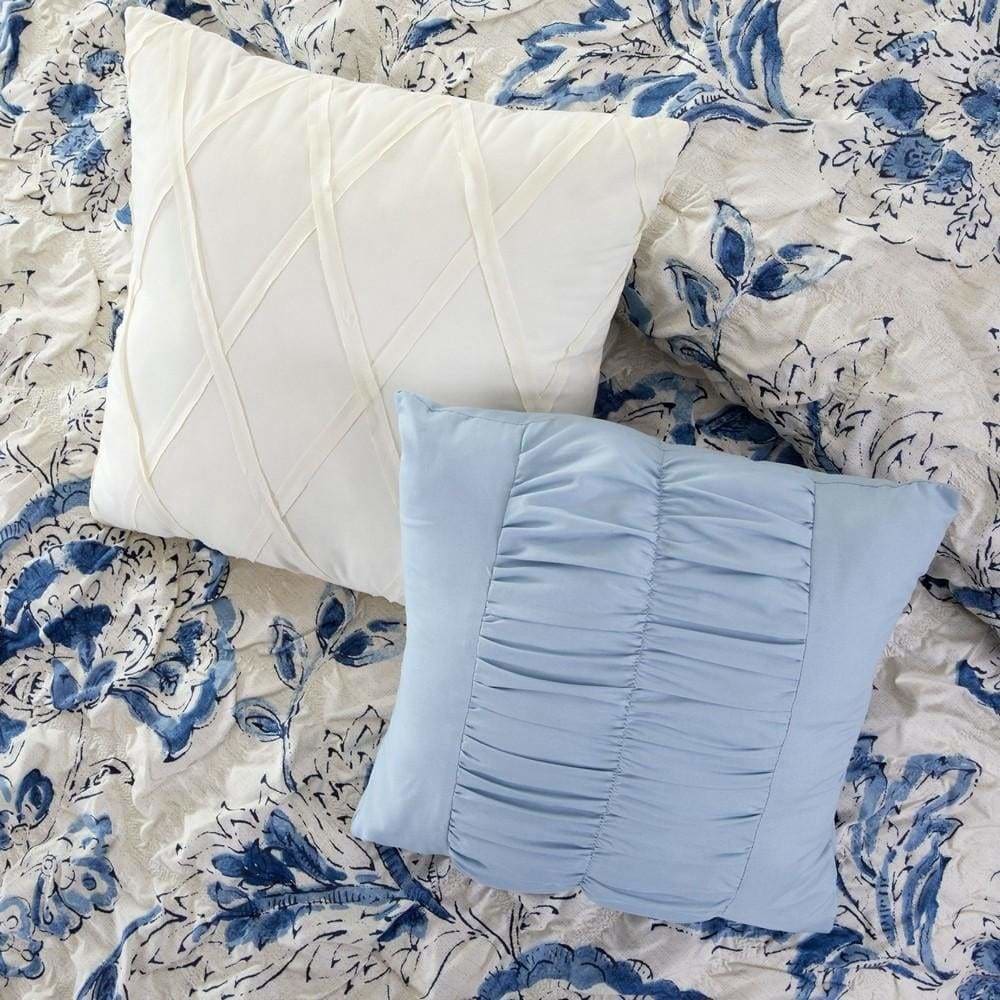 Corfu Floral Print 8 Piece Queen Comforter Set White and Blue By Casagear Home BM231786