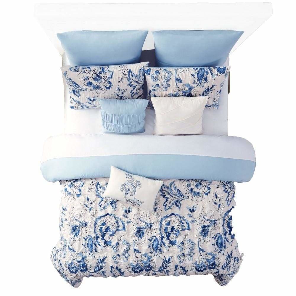Corfu Floral Print 8 Piece King Comforter Set White and Blue By Casagear Home BM231787
