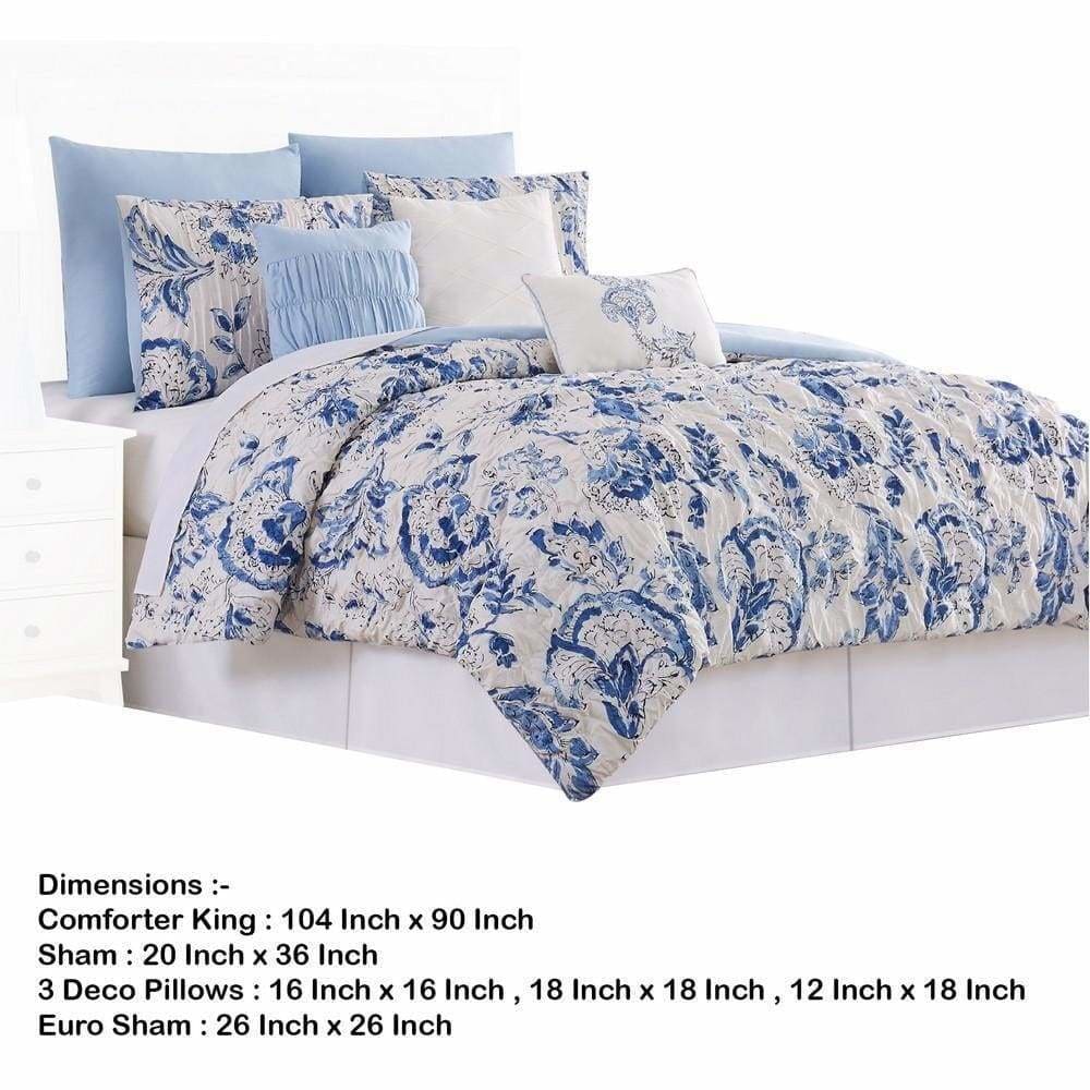 Corfu Floral Print 8 Piece King Comforter Set White and Blue By Casagear Home BM231787