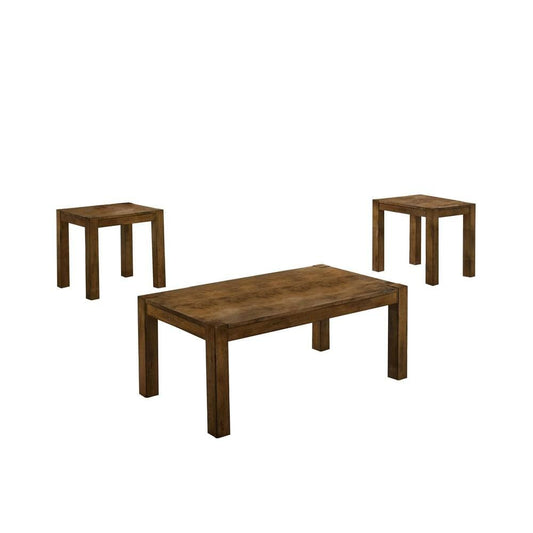 3 Piece Wooden Coffee Table and End Table with Block Legs, Brown By Casagear Home