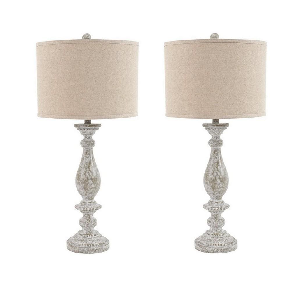 Drum Shade Table Lamp with Pedestal Base, Set of 2, Beige and Off White By Casagear Home