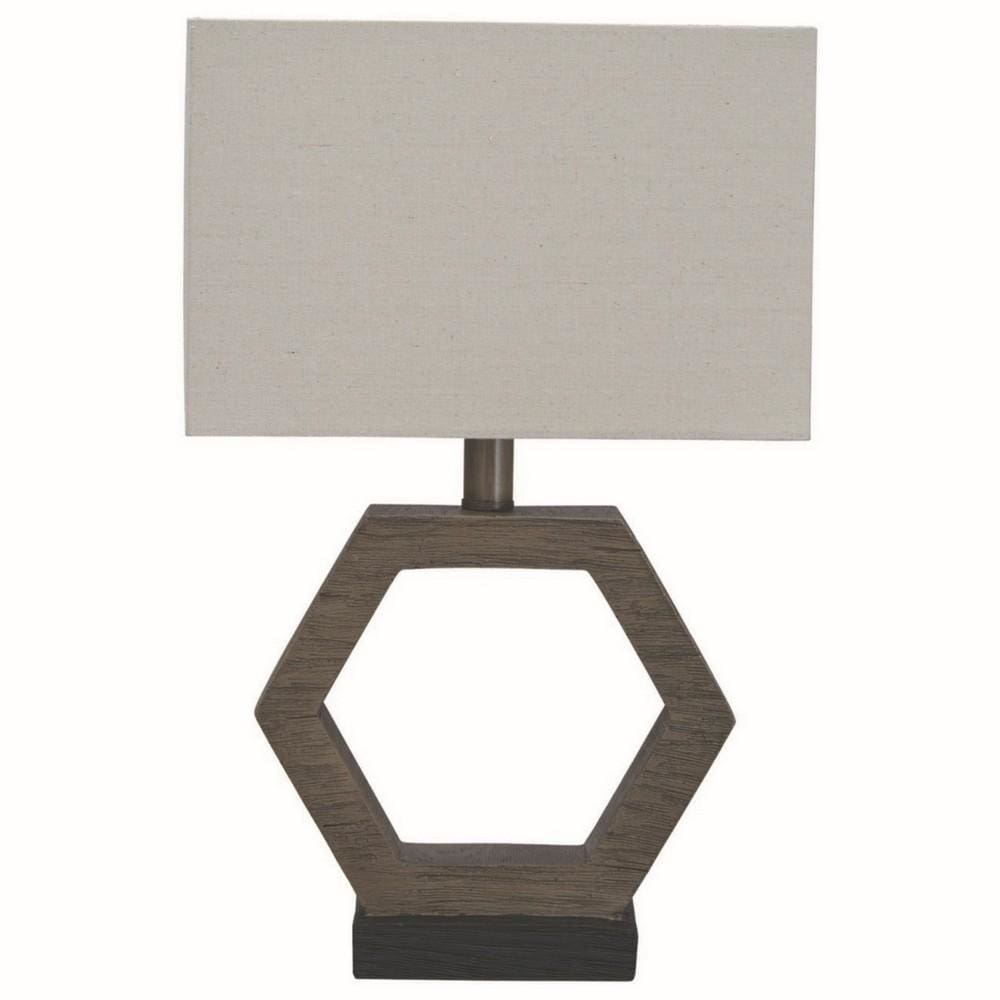 Hexagonal Wooden Base Table Lamp with rectangular Shade, Brown and Gray By Casagear Home