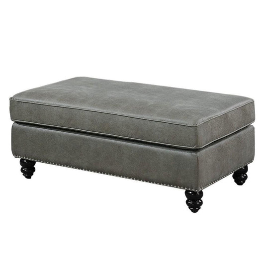 Leatherette Ottoman with Nailhead Trim and Turned Feet, Gray By Casagear Home