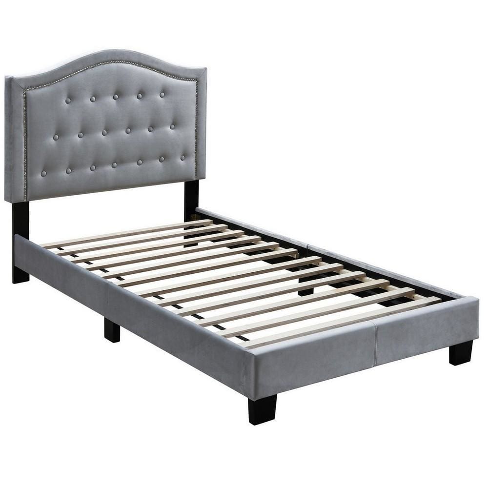 Carly Twin Bed | Velvet | Button Tufted | Curved Headboard | Gray