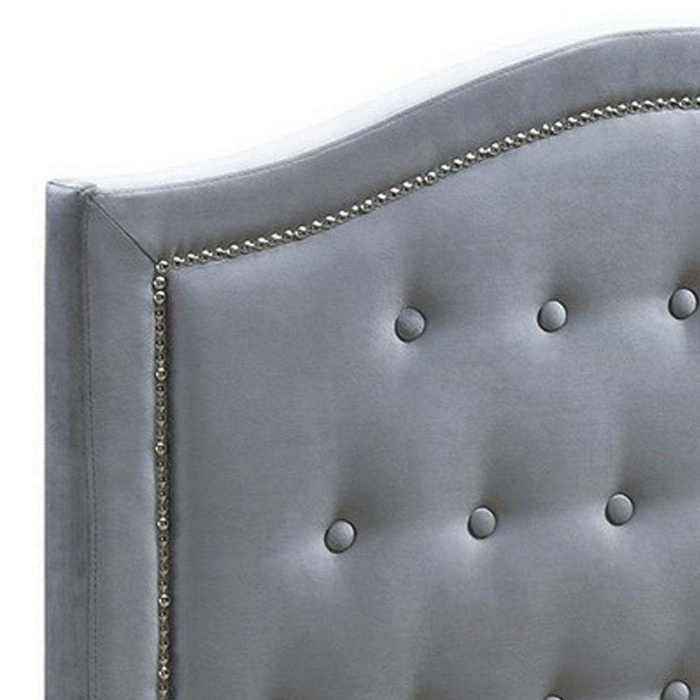 Button Tufted Twin Velvet Bed with Curved Headboard Gray By Casagear Home BM232025