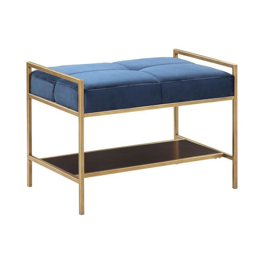 Metal Bench with Fabric Upholstered Plump Seats, Gold and Blue By Casagear Home