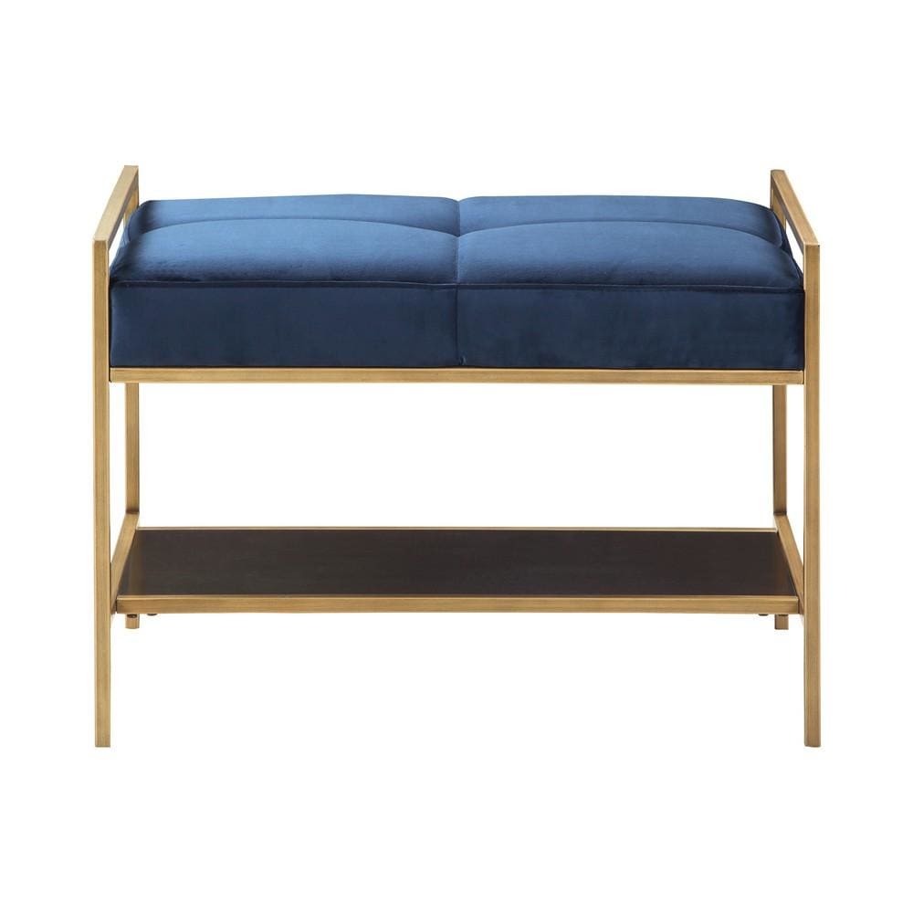 Metal Bench with Fabric Upholstered Plump Seats Gold and Blue By Casagear Home BM232037