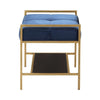 Metal Bench with Fabric Upholstered Plump Seats Gold and Blue By Casagear Home BM232037