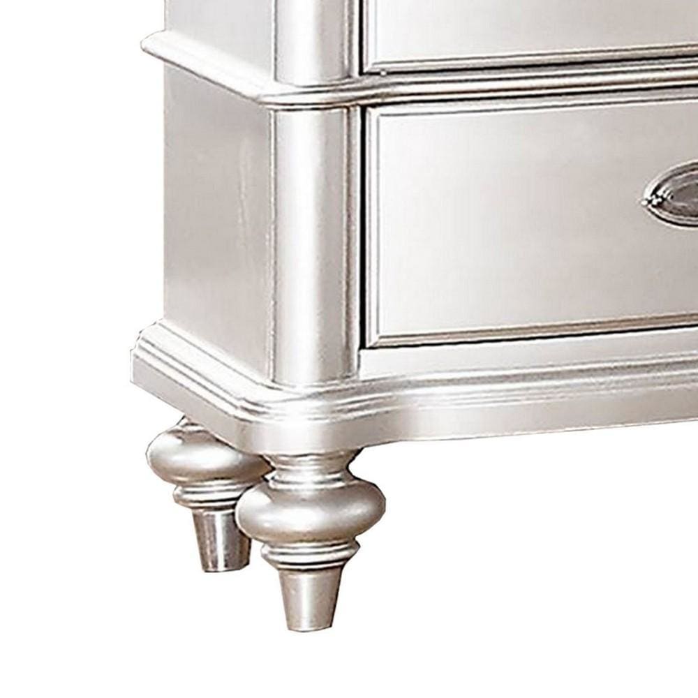 28 Inches 2 Drawer Wooden Nightstand with Turned Legs Silver By Casagear Home BM232110