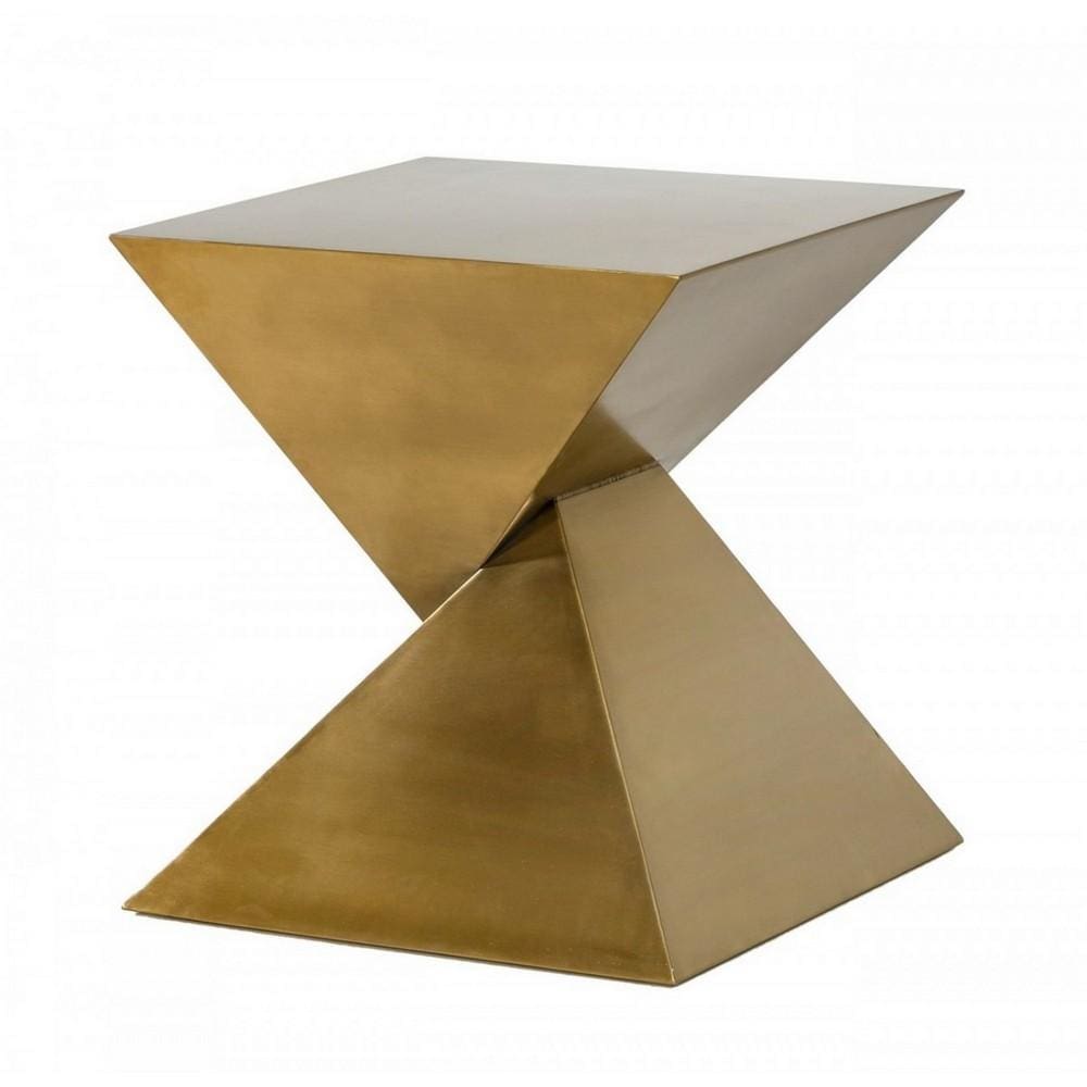 Metal End Table with Pyramid Shape Base, Antique Gold By Casagear Home