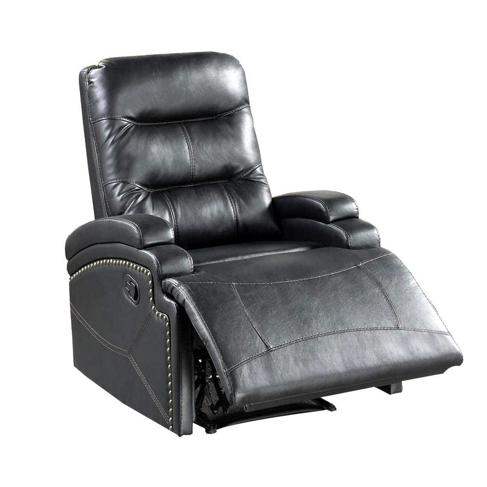 Nailhead Trim Leatherette Recliner with Sloped Arms, Black By Casagear Home
