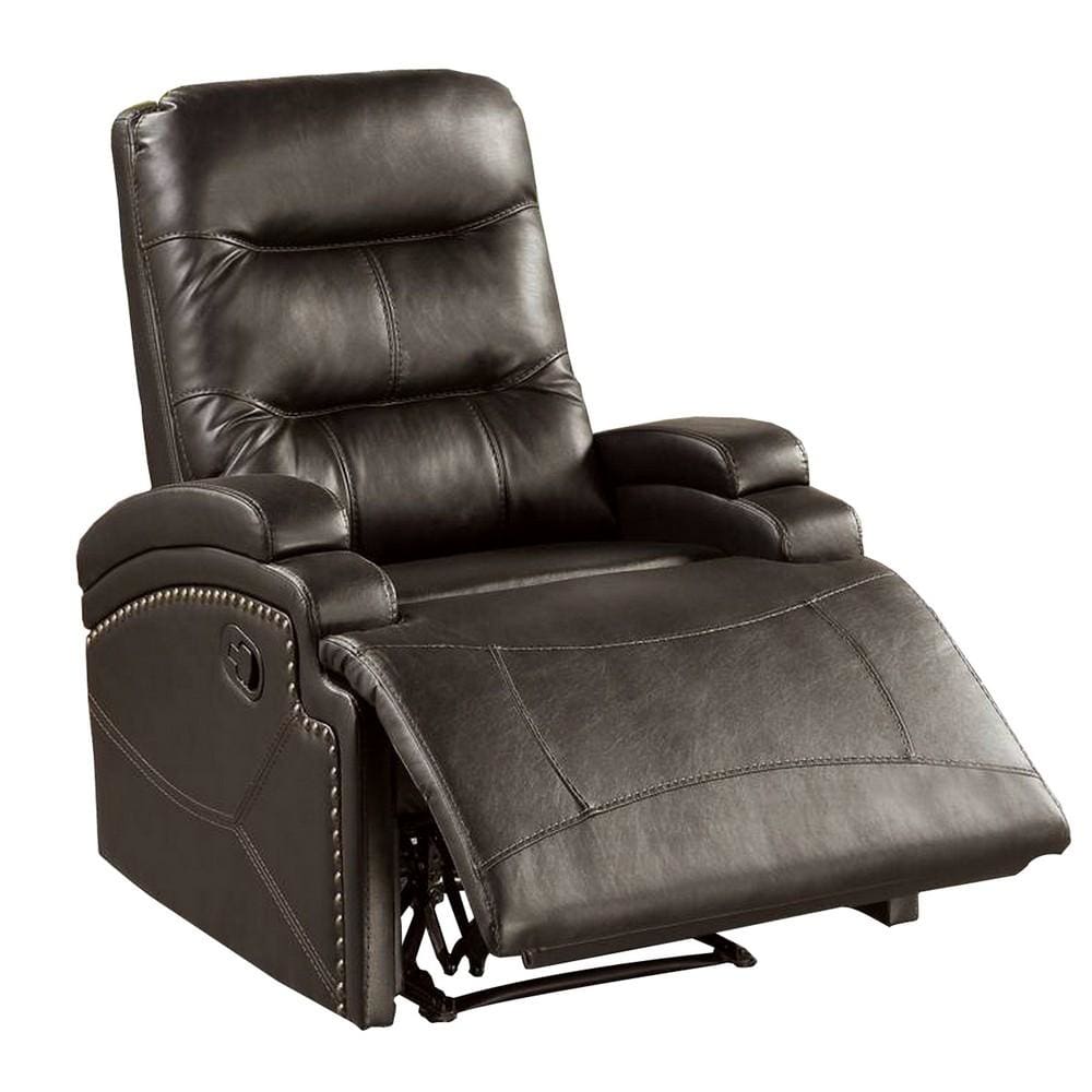 Nailhead Trim Leatherette Recliner with Sloped Arms, Brown By Casagear Home